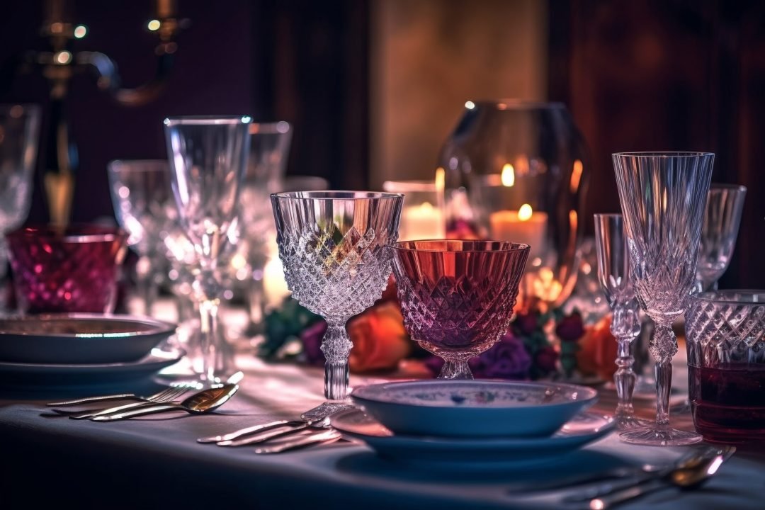 Elegant table setting with crystal and champagne generated by artificial intelligence